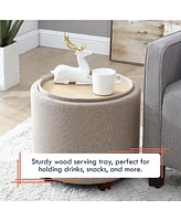 Lawrence Round Linen Storage Ottoman with Table Top Lid
