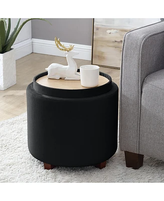 Lawrence Round Velvet Storage Ottoman with Table Top Lid