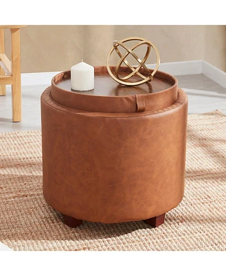 Lawrence Round Faux Leather Storage Ottoman with Table Top Lid