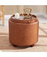 Lawrence Round Faux Leather Storage Ottoman with Table Top Lid
