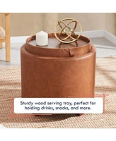 Lawrence Round Faux Leather Storage Ottoman with Table Top Lid