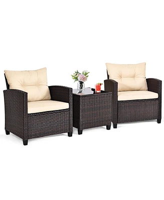 Givimo 3 Pieces Patio Rattan Furniture Set with Washable Cushions and Tempered Glass Tabletop