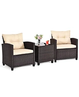 Givimo 3 Pieces Patio Rattan Furniture Set with Washable Cushions and Tempered Glass Tabletop