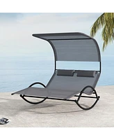 Vebreda Outdoor Dual Rocker Sunbed 2-Person Canopied Patio Lounger with Detachable Headrests