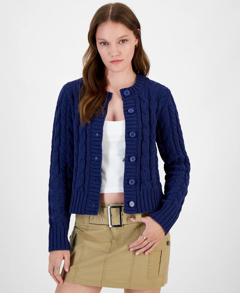 Hippie Rose Juniors' Crewneck Chunky Cable-Knit Cardigan