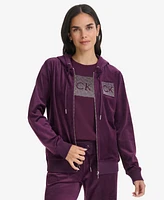 Calvin Klein Women's Metallic Logo Velour Zip-Front Hoodie