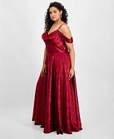 B Darlin Trendy Plus Off-The-Shoulder Satin Jacquard Gown