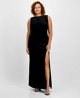 B Darlin Plus High-Slit Velvet Low-Back Dress