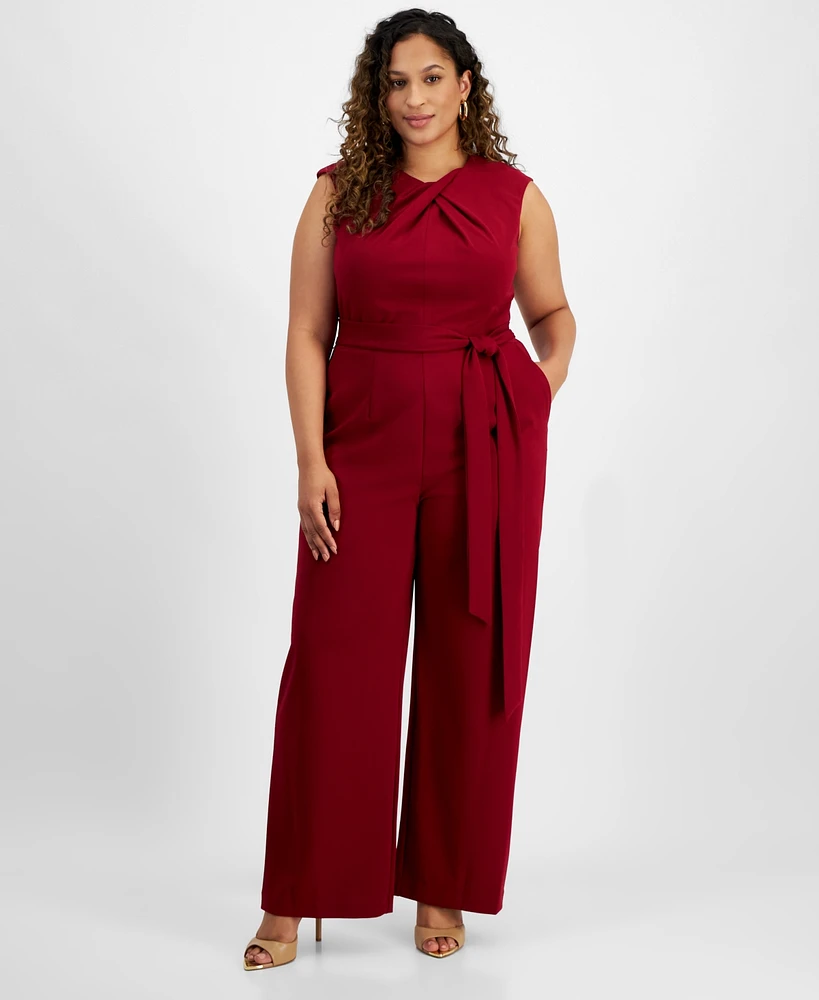 Tahari Plus Sleeveless Scuba Crepe Tie-Waist Jumpsuit