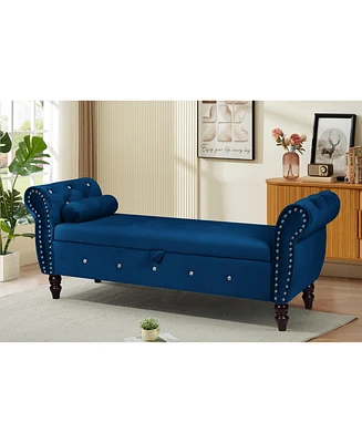 Simplie Fun Velvet Storage Ottoman Bench with Crystal Buckle, Blue