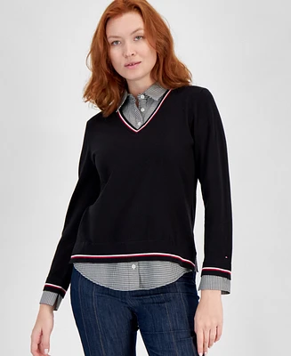 Tommy Hilfiger Women's V-Neck Sweater and Button-Up Shirt