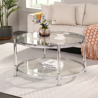 Elegant 32.3" Round Glass Coffee Table with Chrome/Silver Base