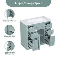 36" Green Bathroom Vanity Cabinet with 1 Door, 6 Drawers, and Shelf