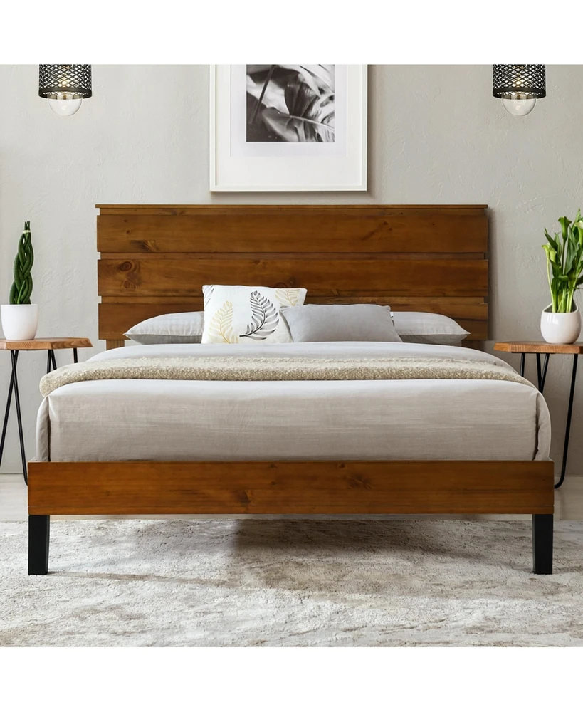 Streamdale Furniture Mid-Century Modern Solid Wood Bed Frame with Three-Piece Headboard