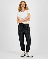 Tinseltown Juniors' Faux-Leather Cargo Jogger Pants