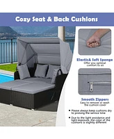 Costway Patio Rattan Daybed Lounge Retractable Top Canopy Side Tables Cushions