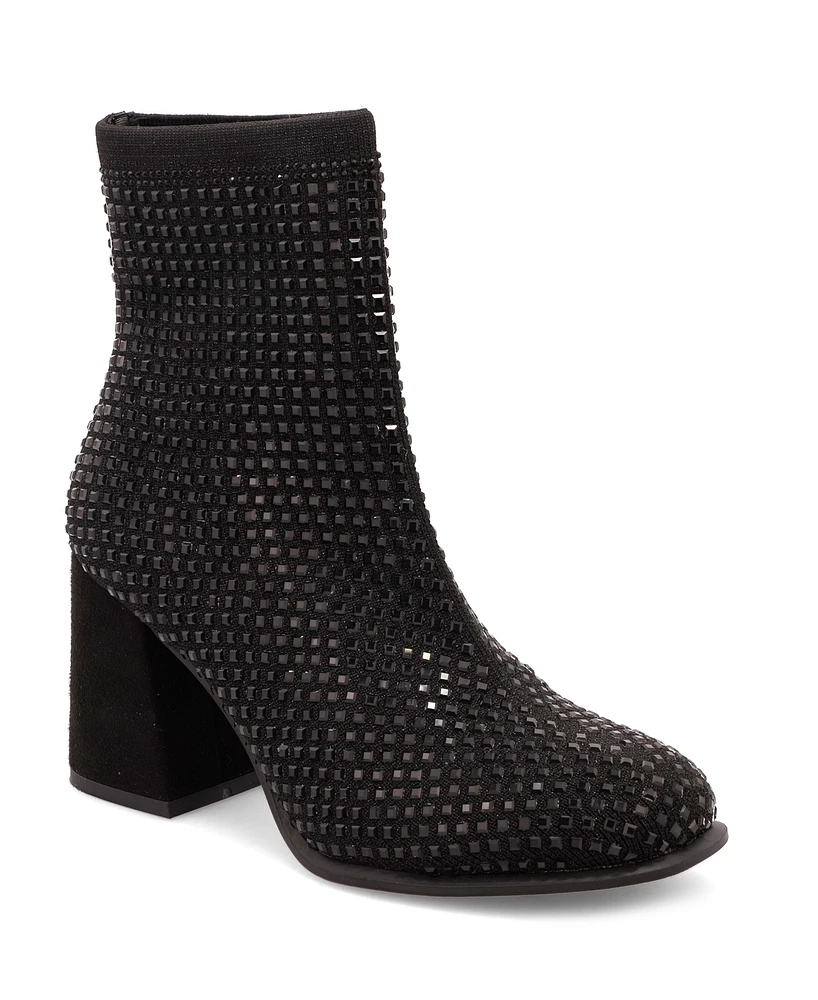 Mia Women's Piana Block-Heel Rhinestone Knit Booties