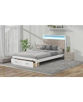 Streamdale Furniture Wood Full Size Platform Bed with Upholstered Headboard and Led and 2 Drawers, Antique White