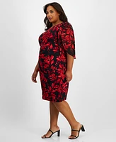 Connected Plus Floral-Print 3/4-Sleeve Faux-Wrap Dress