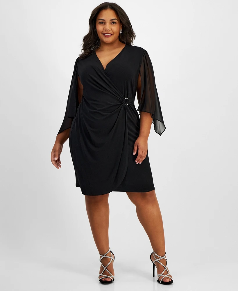 Connected Plus Surplice-Neck Sheer-Sleeve Sheath Dress