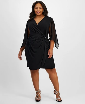 Connected Plus Surplice-Neck Sheer-Sleeve Sheath Dress