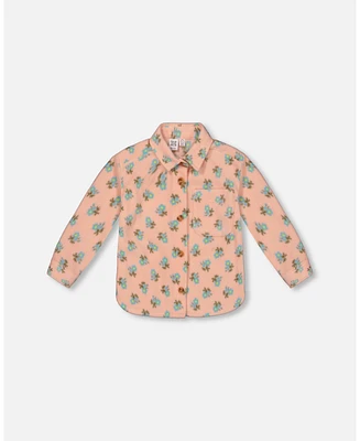 Deux par Girl Printed Polar Fleece Shirt Peach With Blue Flowers - Child