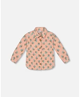 Deux par Girl Printed Polar Fleece Shirt Peach With Blue Flowers - Child