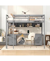 Streamdale Furniture Full Size Loft Bed With Desk, Cabinets, Drawers And Bedside Tray, Charging Station