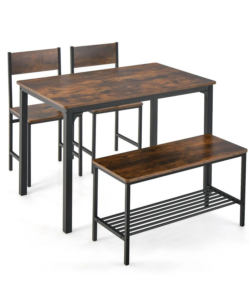 Sugift 4 Pieces Rustic Dining Table Set with 2 Chairs and Bench