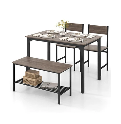 4 Pieces Rustic Dining Table Set with 2 Chairs and Bench