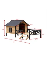 Streamdale Furniture Outdoor Large Wooden Cabin House Style Wooden Dog Kennel With Porch