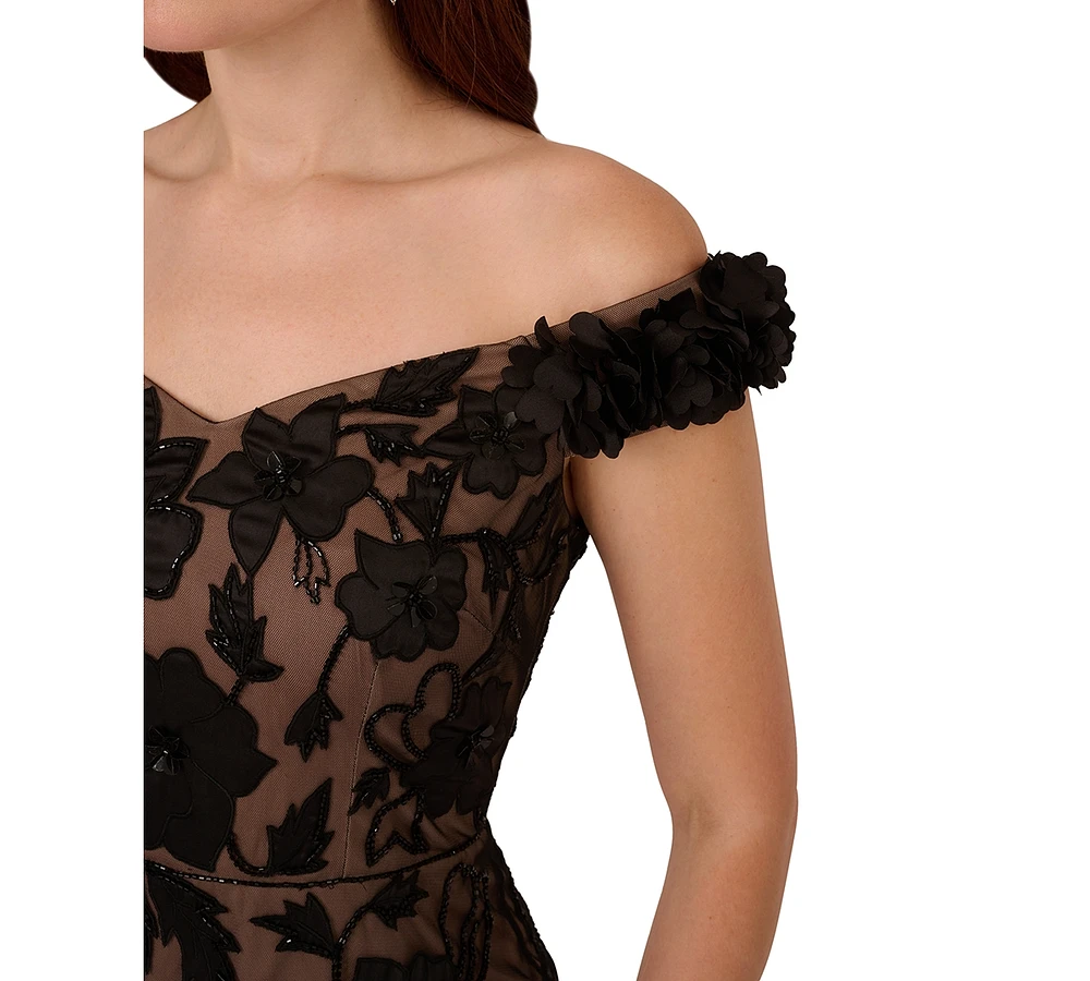 Adrianna Papell Women's Off-The-Shoulder Beaded Floral Sheath Dress