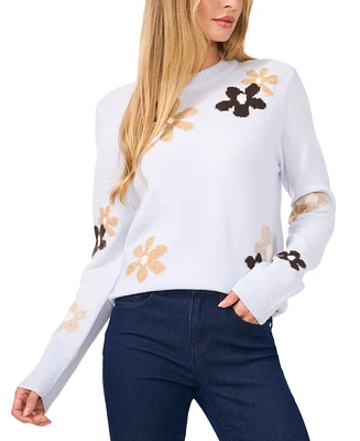 CeCe Women's Flower Patterned Knit Crewneck Sweater