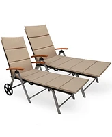 Gymax 2 Pcs Folding Patio Rattan Lounge Chair Chaise Cushioned Aluminum Adjust Wheel