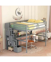 Full Size Loft Bed With Desk, Storage Shelves And Staircase, Grey