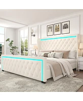 Streamdale Furniture Velvet Upholstered Queen Bed Frame with Led Headboard