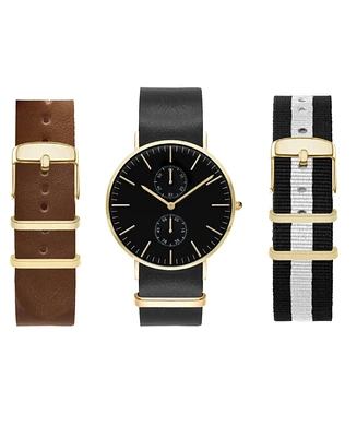 American Exchange Men's Navy Leather Strap Analog Watch 40mm Gift Set