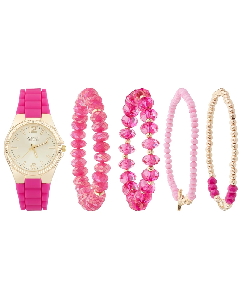 American Exchange Women's Fuchsia Silicone Strap Analog Watch 35mm with Stackable Bracelets Gift Set