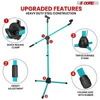 5 Core Mic Stand Collapsible Height Adjustable 31 to 59” Dual Metal Microphone Tripod Stand w Boom Arm Stand Para Microfono for Singing