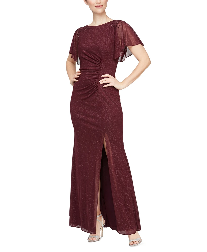 Sl Fashions Women's Round-Neck Flutter-Sleeve Gown