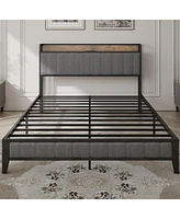 Streamdale Furniture Full Size Bed Frame With Charging Station, Upholstered Headboard, Metal Platform, Grey