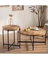 Streamdale Furniture Modern Thread Design Round Coffee Table, Mdf Table Top With Cross Legs Metal Base(Set Of 2 Pcs)