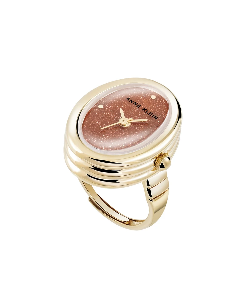 Anne Klein Women's Quartz Gold Sandstone Gemstone and Gold-Tone Alloy Metal Ring Watch, 17mm