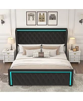 Streamdale Furniture Velvet Upholstered King Bed with Led Headboard