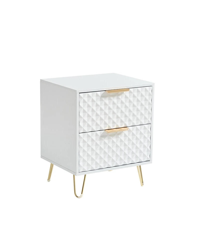 Simplie Fun White Nightstand, 2-Drawer, Metal Legs, 20" Tall