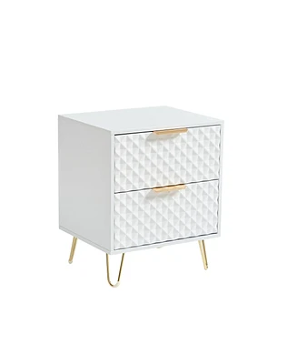 Simplie Fun White Nightstand, 2-Drawer, Metal Legs, 20" Tall