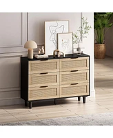 43.31" 6-Drawers Rattan Storage Cabinet Rattan Drawer, For Bedroom, Living Room, Black