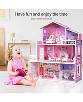 Streamdale Furniture Wooden Dollhouse For Kids With 24 Pieces Furniture Preschool Dollhouse House Toy