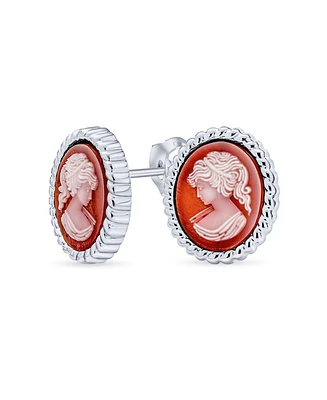 Bling Jewelry Classic Antique Terracotta Red White Carved Oval Framed Victorian Lady Portrait Cameo Stud Earrings For Women Sterling Silver