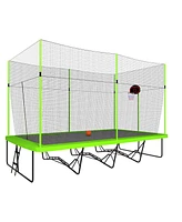 Streamdale Furniture 10ft by 17ft Rectangular Trampoline with Green Fabric Black Powder-coated Galvanized Steel Tubes with Basketball Hoop System Adva